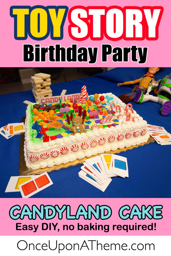 Toy Story birthday party Candyland cake with colorful candies, gingerbread man, and Candyland board decorations—easy no-bake DIY dessert idea.