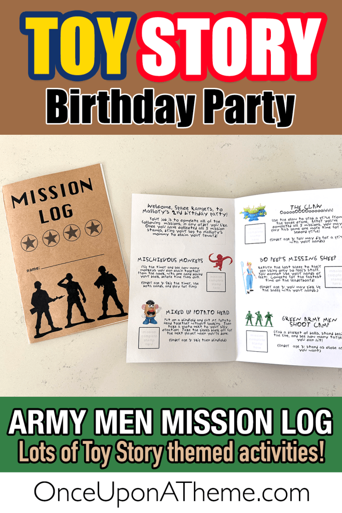 Toy Story Army Men Mission Log activity booklet with themed party games like Potato Head mix-up, Bo Peep’s sheep, and Green Army Men shoot camp—interactive birthday fun.