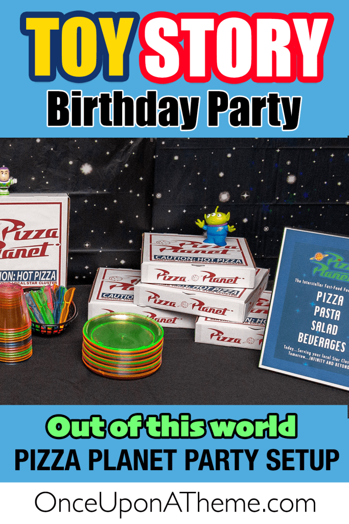 Out-of-this-world Pizza Planet party setup for a Toy Story birthday—stacked pizza boxes, glowing tableware, space backdrop, and alien toys for themed décor inspiration.