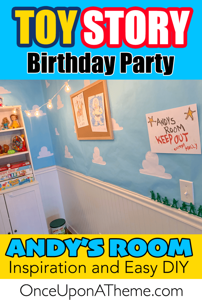 DIY Andy’s Room Toy Story birthday party decorations with blue sky walls, white clouds, toy soldiers, and handmade “Keep Out” sign for immersive Pixar party décor.
