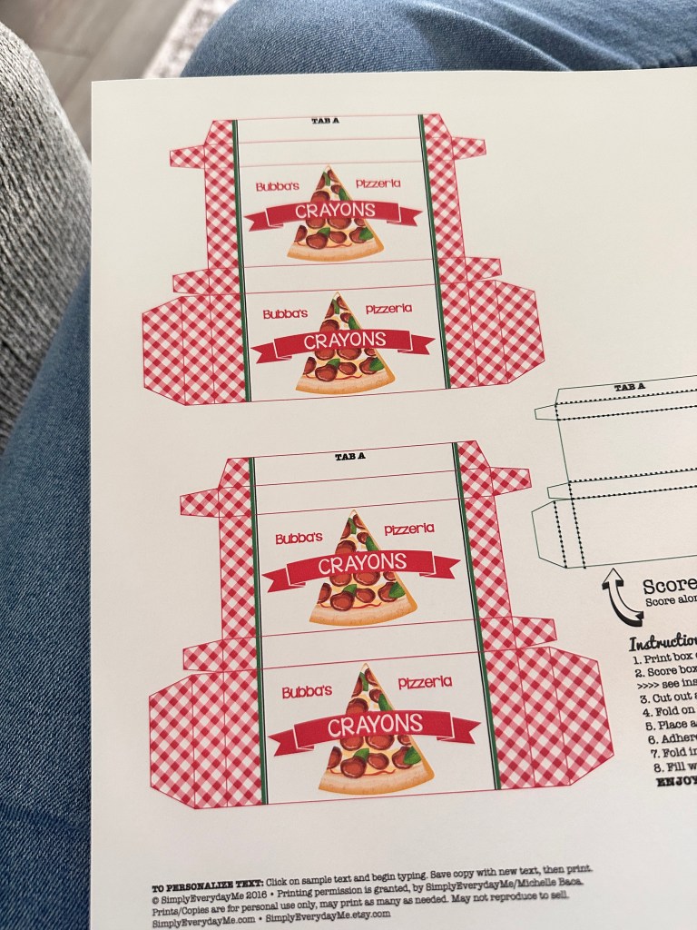 Etsy printable crayon box template for Bubba’s Pizzeria birthday party featuring red gingham design and pizza slice artwork.