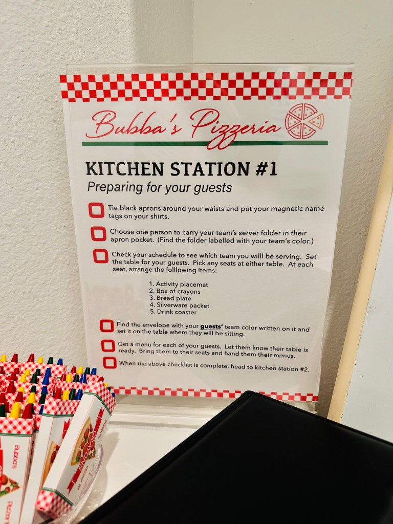 Close-up of the Kitchen Station #1 instruction sign in an acrylic frame.