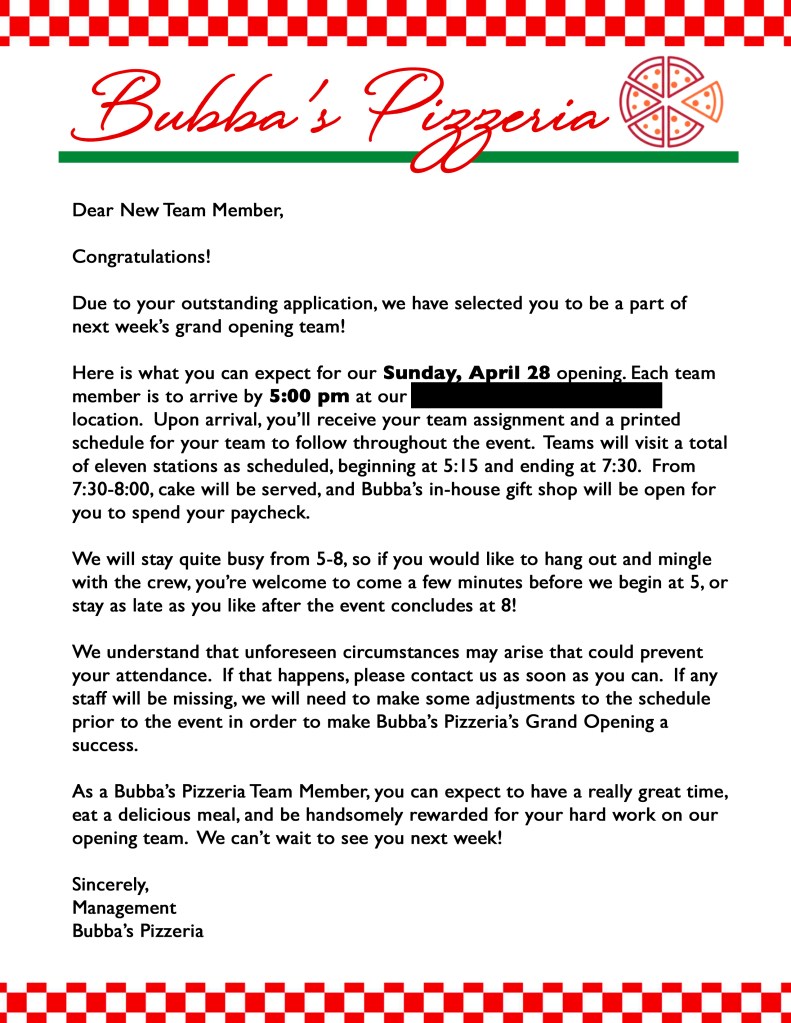 Bubba’s Pizzeria ‘new hire’ letter—playful RSVP confirmation inviting guests to join the opening‑day staff, with arrival time and schedule details.