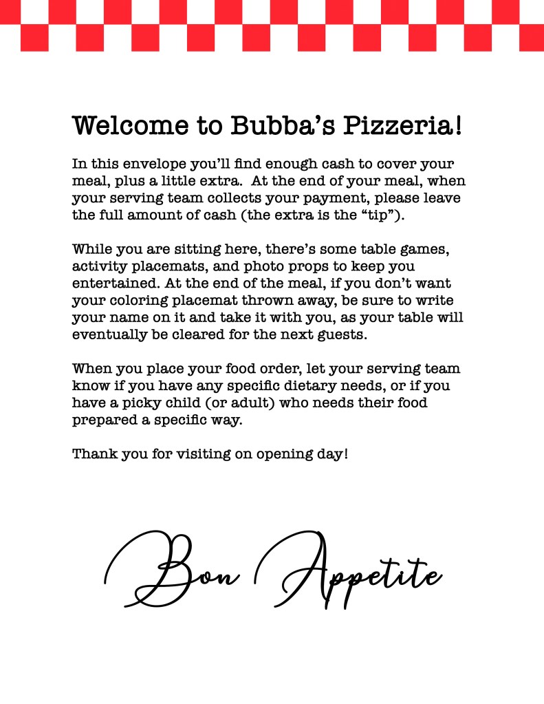 Printable welcome letter from Bubba’s Pizzeria explaining the play restaurant rules, included inside each envelope with real cash.