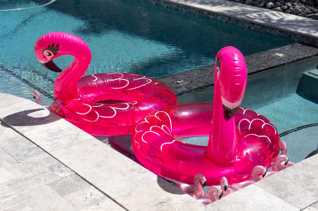 wo large pink flamingo pool floats next to the pool, surrounded by mini flamingo cup holders