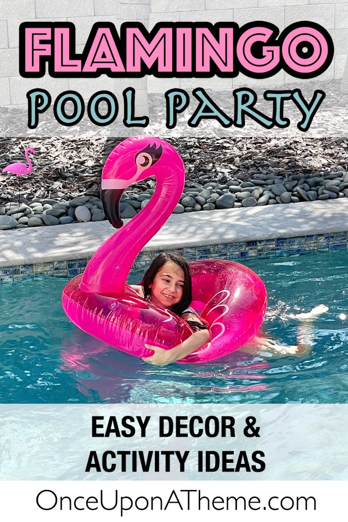 Bright pink flamingo pool float with a child enjoying the water at a Flamingo Pool Party. Fun summer birthday theme with easy tropical decorations and poolside activities.