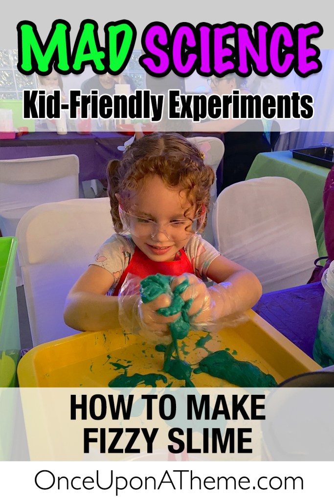 Smiling child making fizzy slime with baking soda and vinegar at a science birthday party. Hands-on STEM activity idea for curious kids.