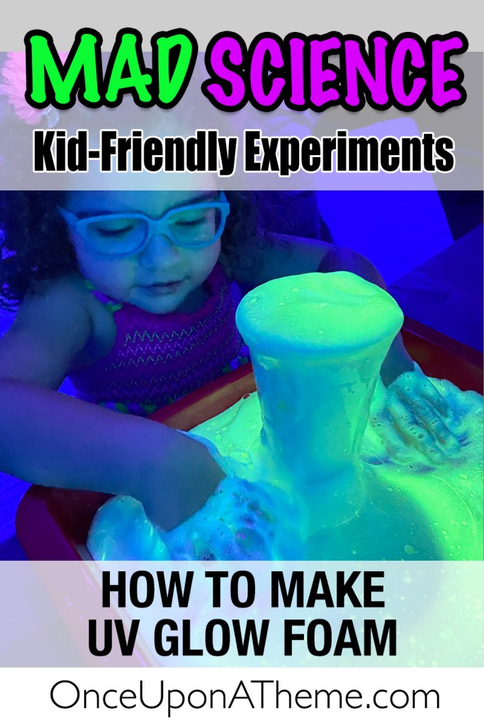Little girl exploring UV glow foam under blacklight at a Mad Science party. A kid-friendly STEM experiment mixing science fun with colorful sensory play.
