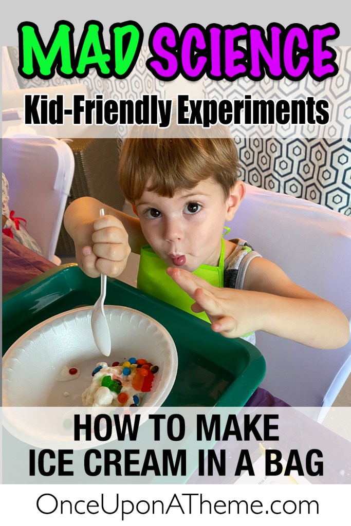 Child making ice cream in a bag with candy toppings at a science birthday party. Simple and delicious STEM experiment combining chemistry and fun.