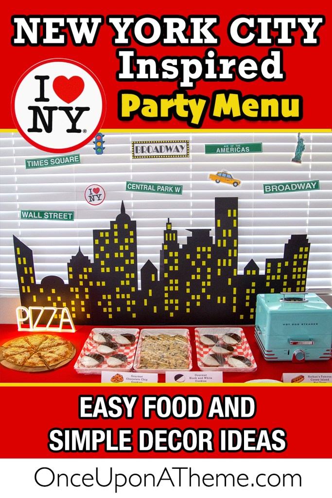 New York City themed party food table with skyline decorations, pizza, cookies, and street sign décor for a Spider-Man party.