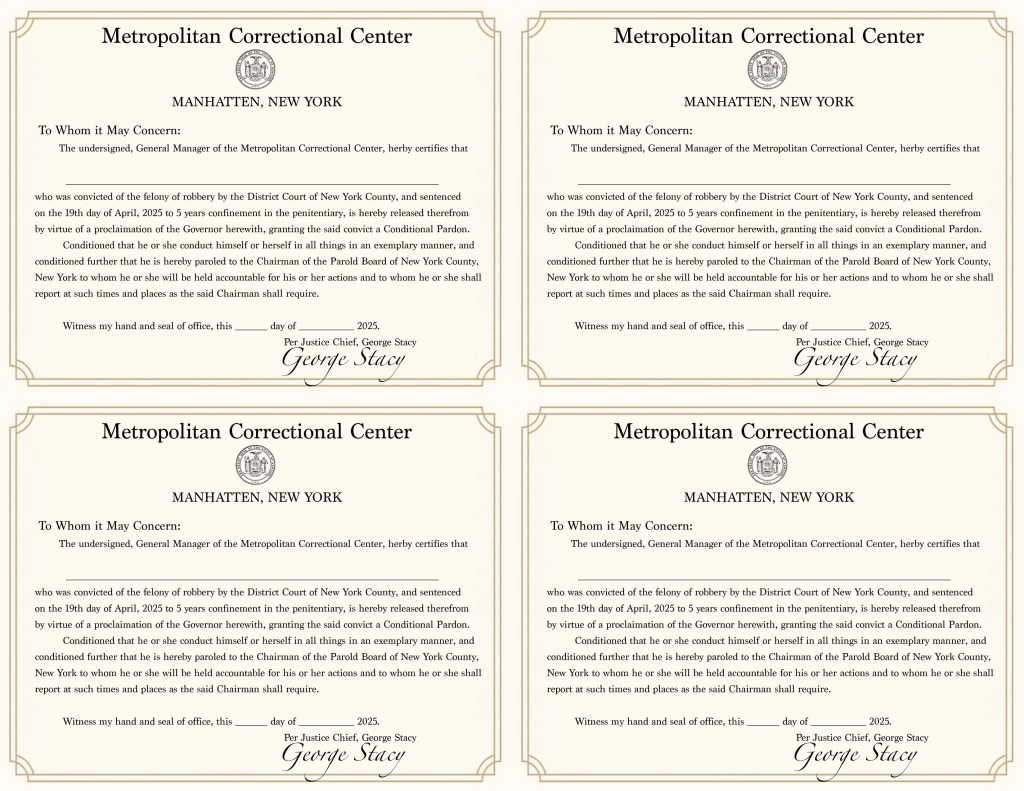 Printable Spider-Man–themed parole certificates for the jail escape challenge in the Superheroes vs. Robbers party game. The sheet includes four quarter-page certificates to be cut out.