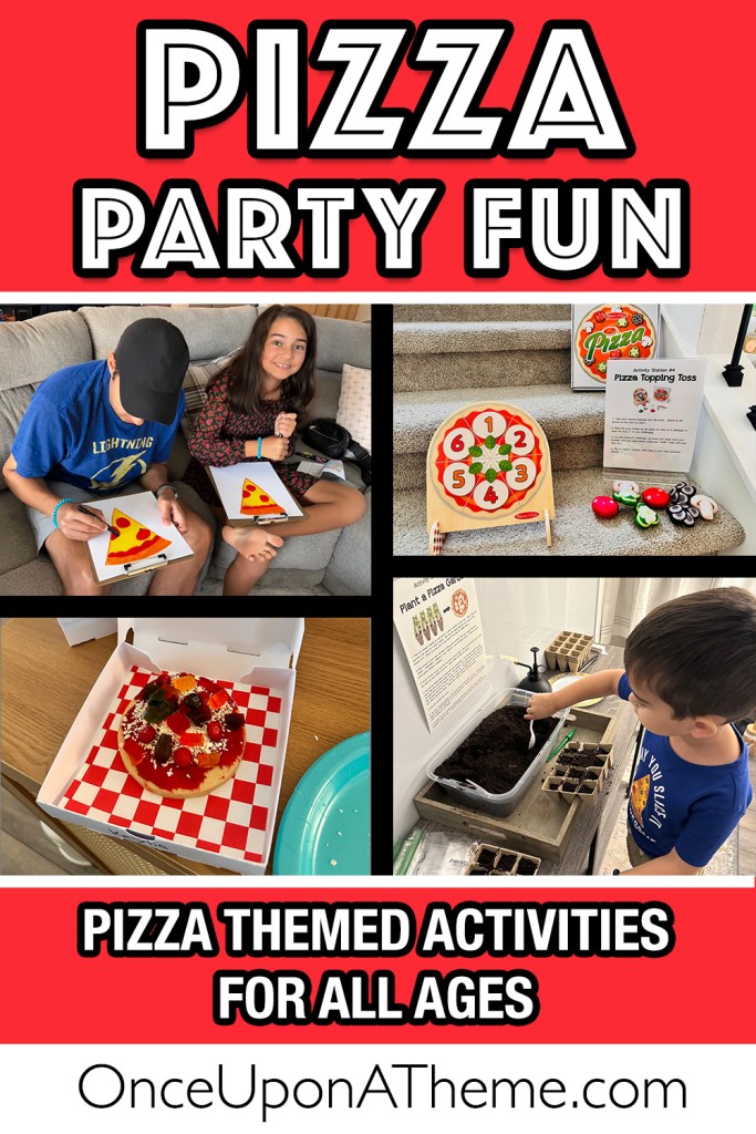 Pizza party themed activity stations for kids, including pizza topping toss game, decorate-your-own pizza cookie, coloring, and plant-a-pizza garden activity.
