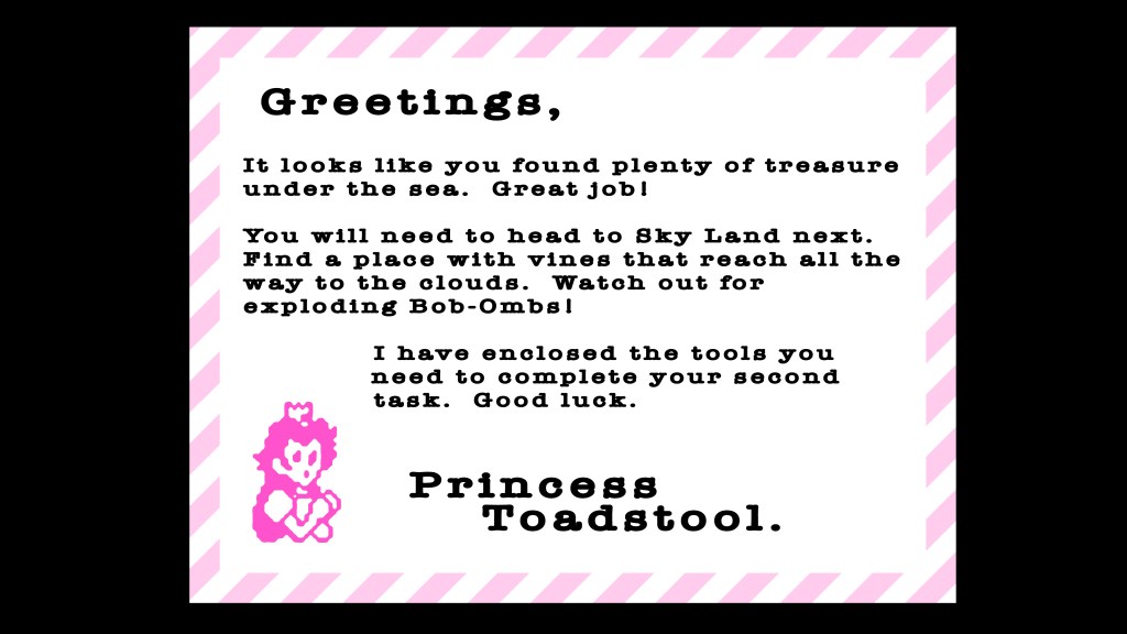 A printable letter from Princess Toadstool instructing kids to head to Sky Land and watch for Bob-Ombs.