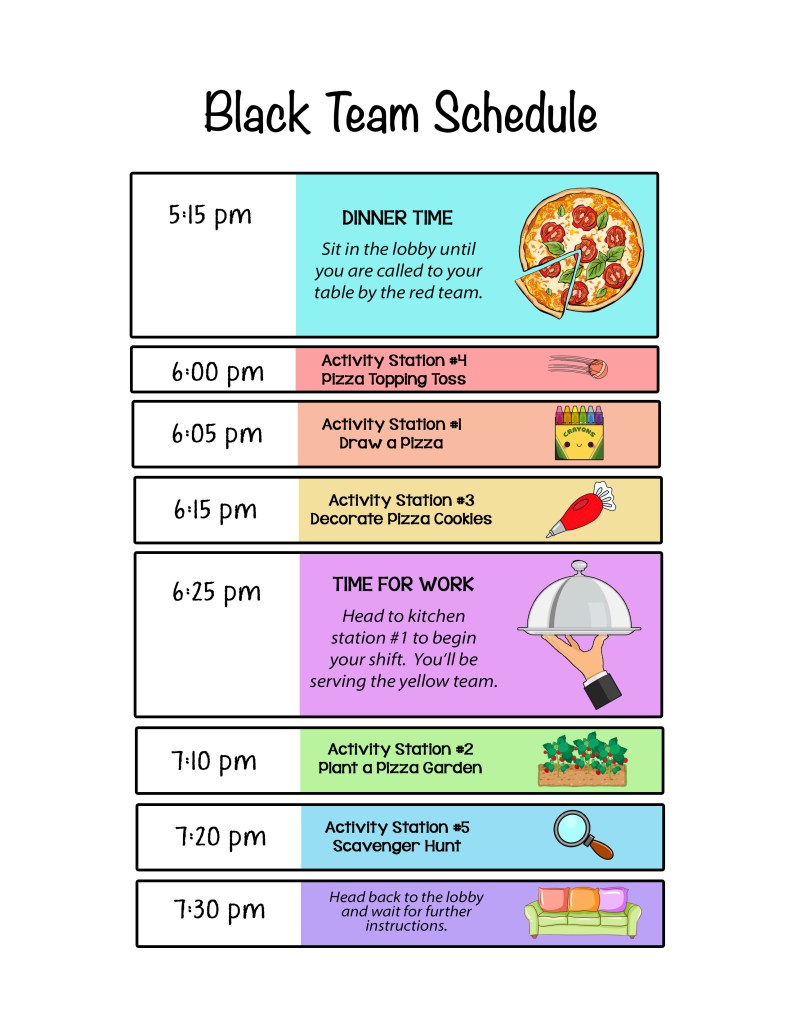 Sample team schedule from Bubba’s Pizzeria birthday party, showing how one group rotated through dinner, five activity stations, and a kitchen shift without overlapping other teams.