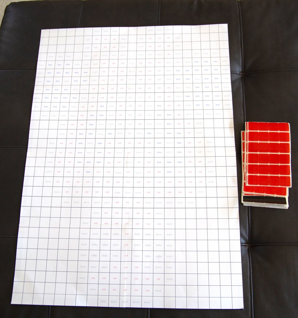 Large printable grid for a Spider-Man mystery sticker mosaic, showing labeled squares for red, blue, black, and white stickers.