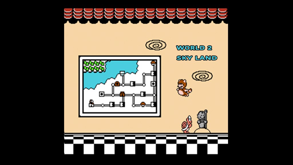 The Super Mario Bros. 3 Sky Land world map displayed on a TV screen with background music playing.