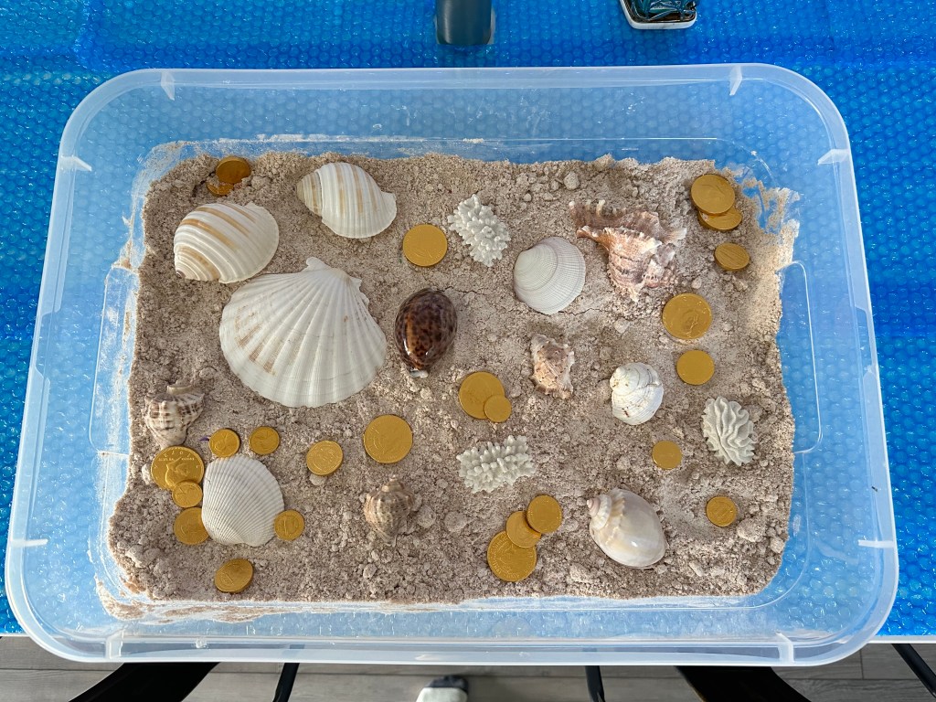 Plastic bin filled with sand, seashells, and gold coins for a Mario-themed treasure dig game.