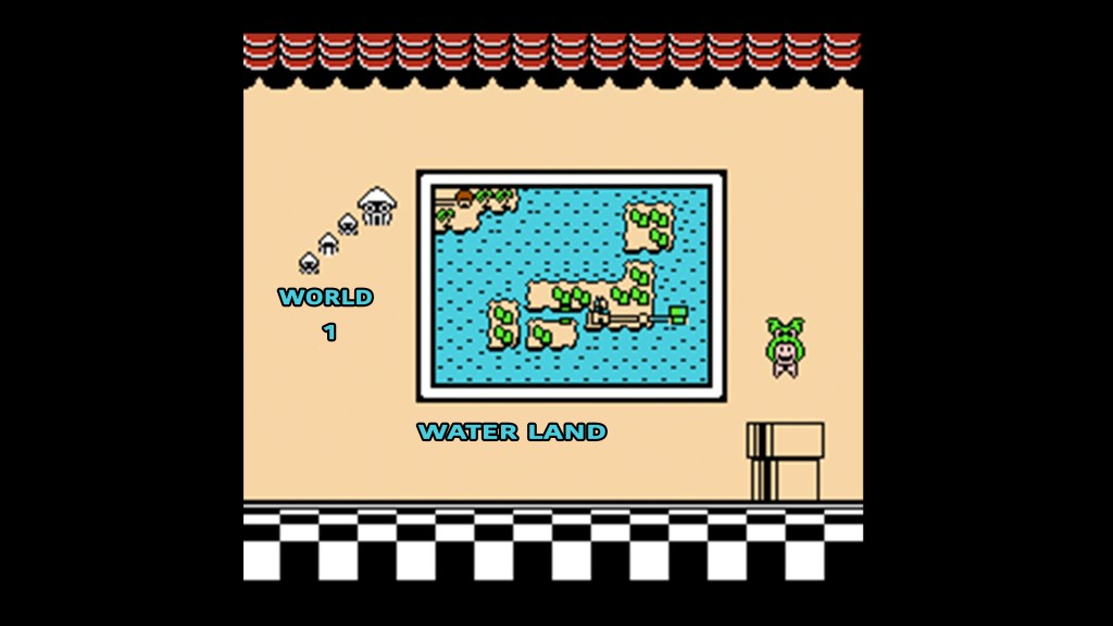 TV screen showing the retro Super Mario Bros. 3 Water Land map, displayed with background music during the themed birthday party.