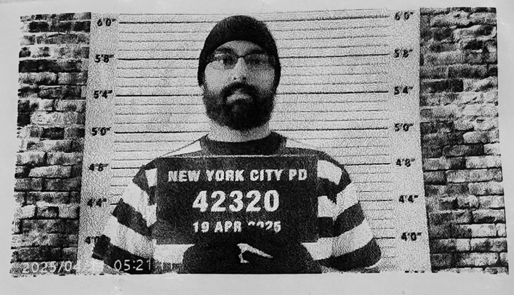 Instant print mugshot photo of a robber taken during the Superheroes vs. Robbers party game, showing a player in striped costume holding a sign in front of the mugshot backdrop.
