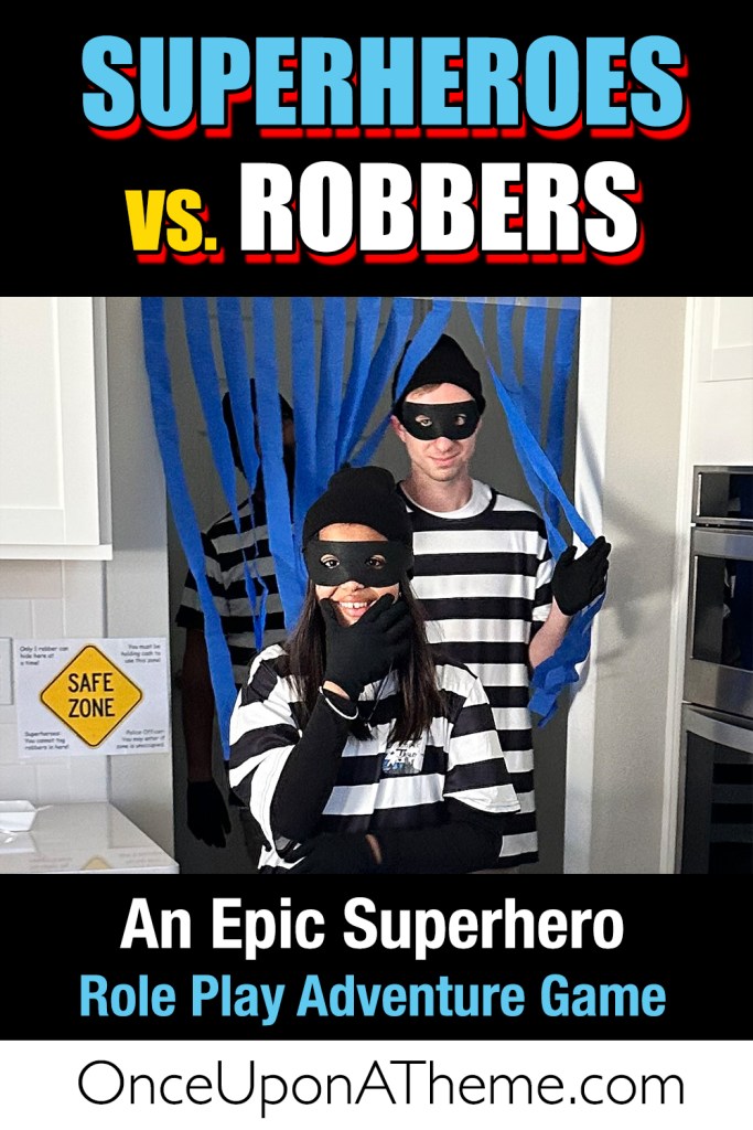 Kids and adults dressed as robbers with masks and striped shirts playing a superhero role play party game.