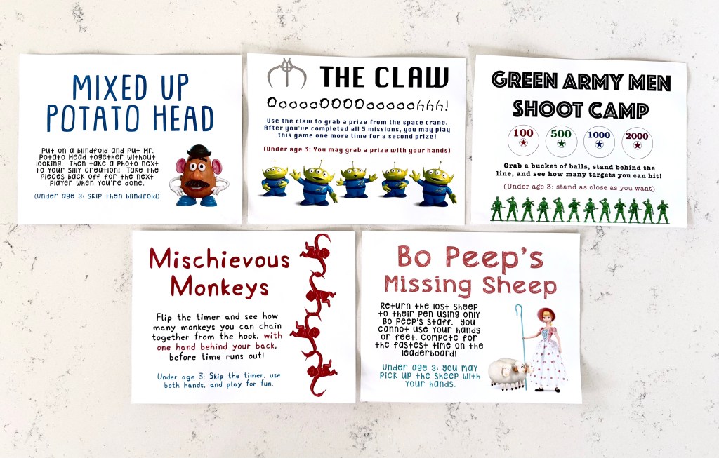 Six printed signs for Toy Story-themed birthday party games, including titles like “The Claw,” “Mixed Up Potato Head,” and “Bo Peep’s Missing Sheep,” each featuring matching Toy Story character graphics and instructions.