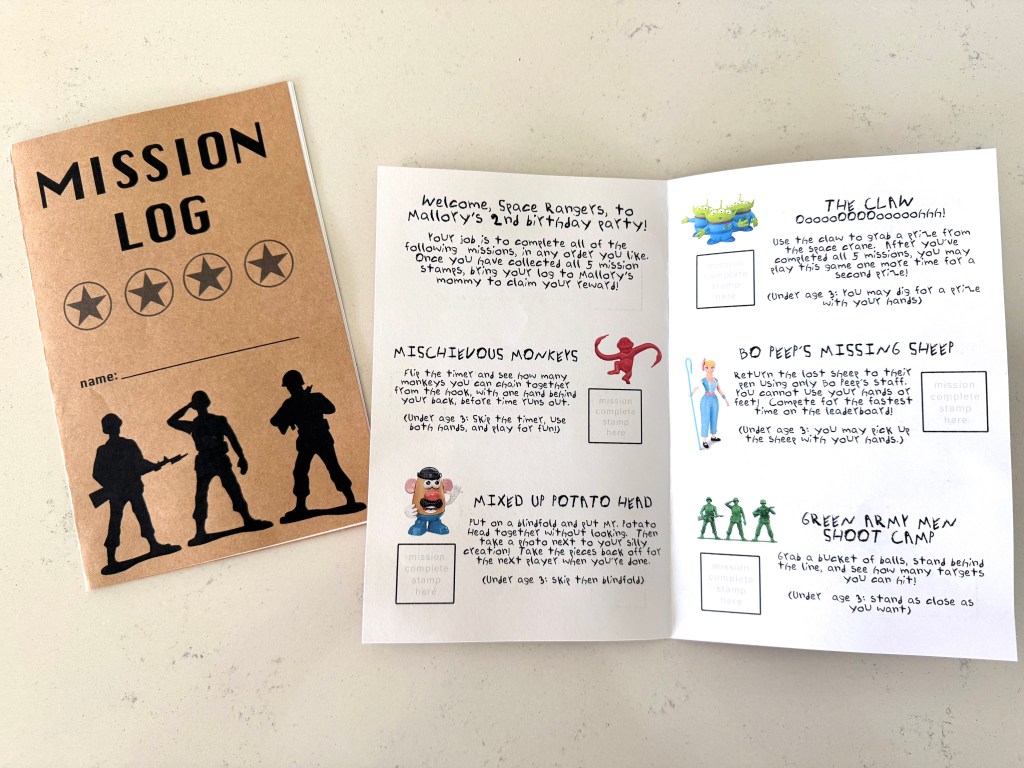 Photo of a Toy Story-themed Mission Log booklet open to a page with game descriptions and stamp boxes, next to its brown kraft paper cover featuring green army men graphics and space for the guest’s name.