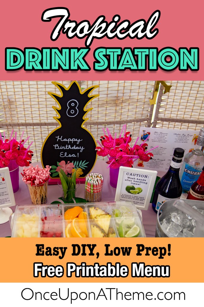 DIY tropical drink station with fruit garnishes, flamingo straws, and printable menu at a Flamingo Pool Party. Easy low-prep birthday drink bar idea for kids or families.