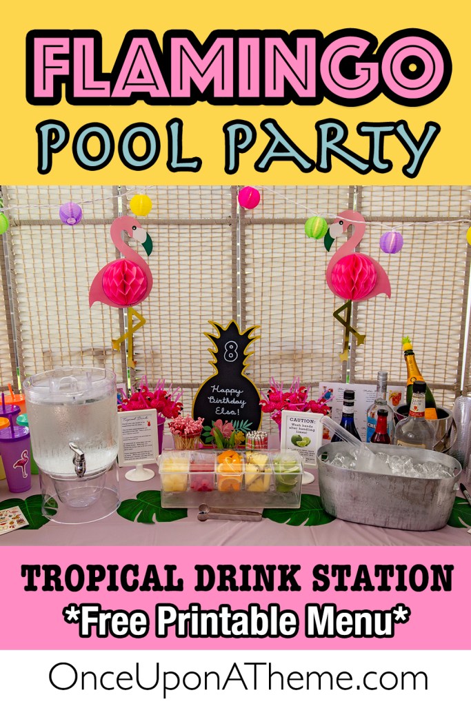 Flamingo Pool Party tropical drink station with pineapple chalkboard sign, fruit mix-ins, and colorful party decorations. Includes free printable drink menu for birthday parties.