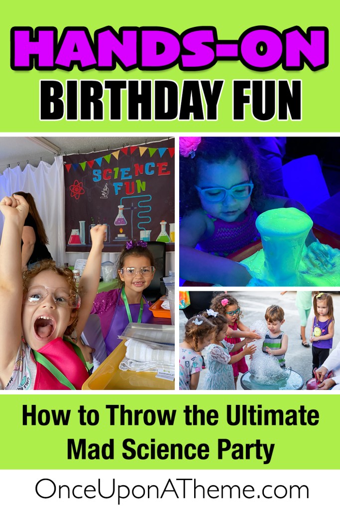 Collage of kids at a Mad Science birthday party: cheering at experiments, glowing foam fun, giant bubbles, and colorful lab décor. Hands-on STEM celebration idea for kids.