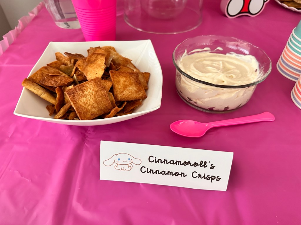 Cinnamon crisps with cream cheese dip labeled as Cinnamoroll’s Cinnamon Crisps