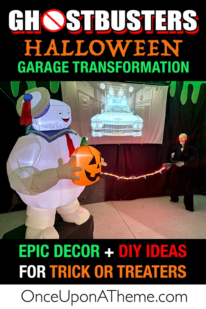 Stay Puft Marshmallow Man inflatable inside a Halloween garage decorated with Ghostbusters elements, projected Ecto-1 car, and a DIY light-up ghost stream for trick-or-treaters.