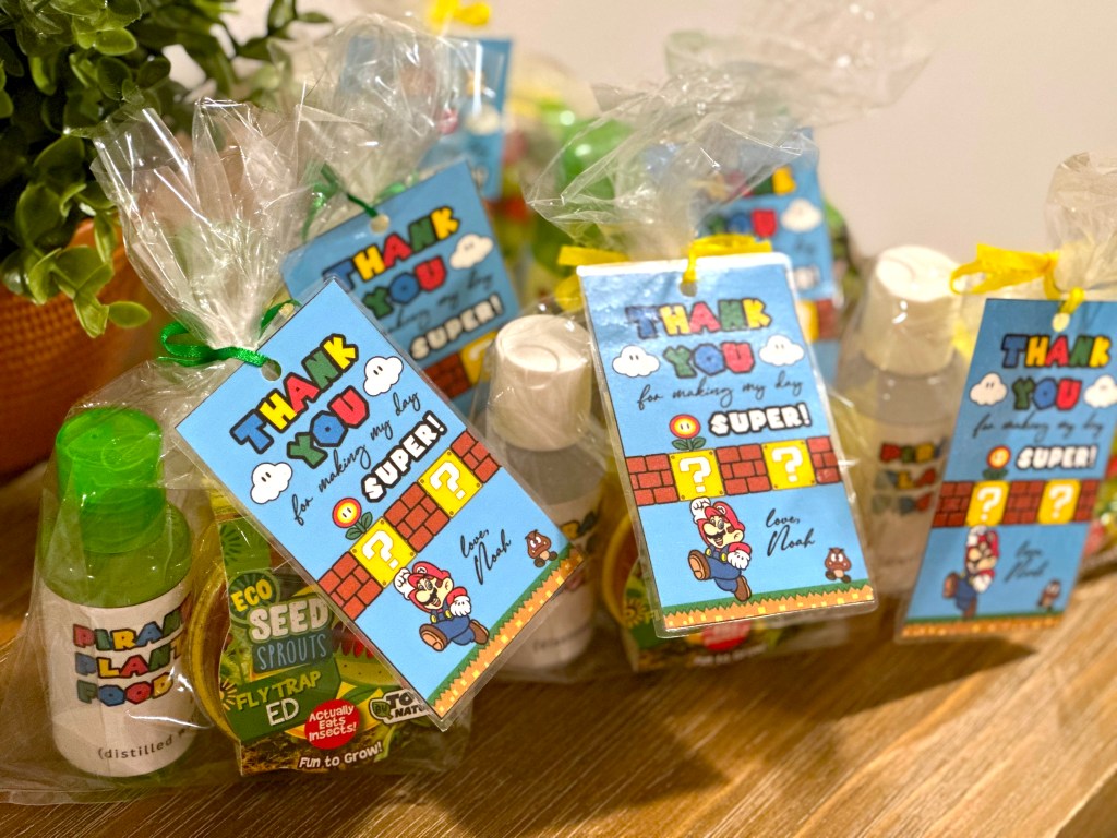 Super Mario birthday party favor bags with “Grow a Piranha Plant” kits, including seeds, plant food, and colorful thank-you tags.