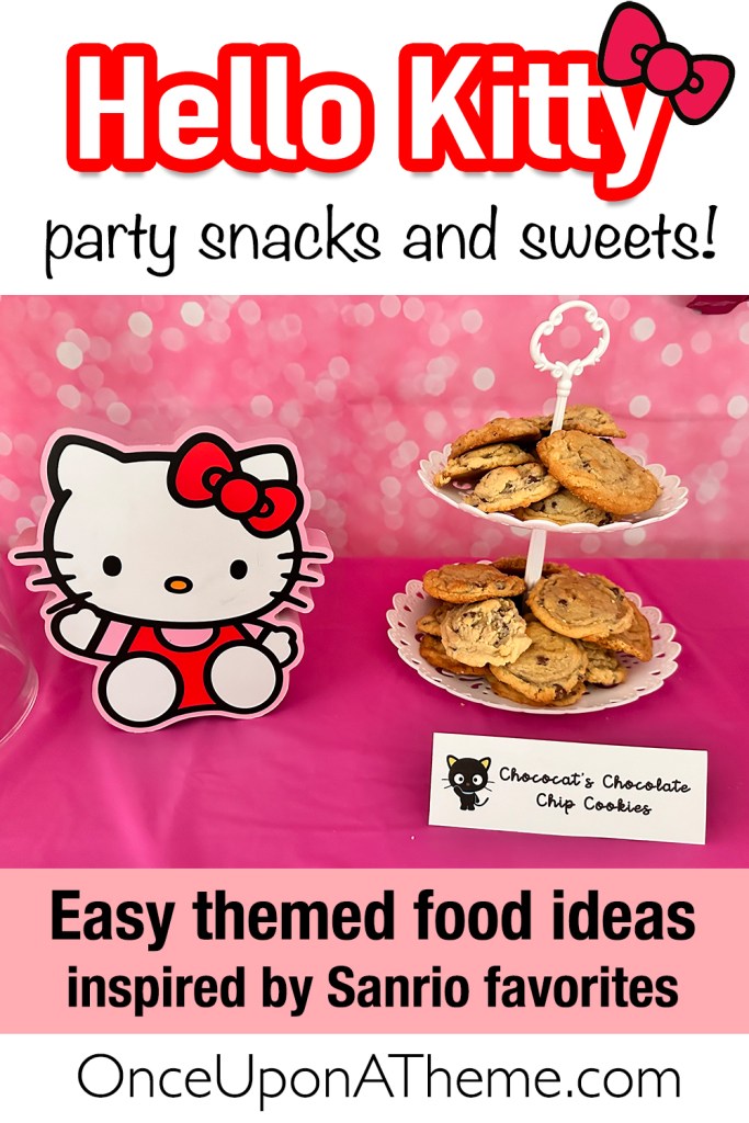 Pink dessert table with chocolate chip cookies labeled “Chococat’s Chocolate Chip Cookies,” next to a large Hello Kitty cutout. Easy Sanrio-themed birthday snack idea with a cute and simple setup perfect for themed dessert tables.
