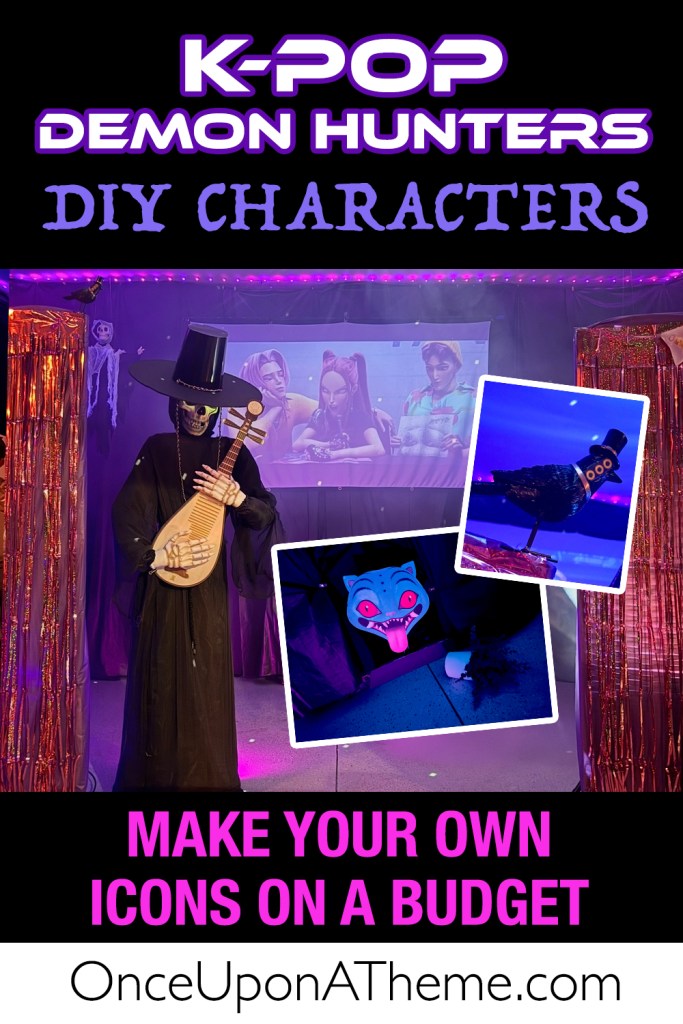 DIY K-Pop Halloween characters display featuring Jinu with a lute, Derpy Tiger under blacklight, and a top-hat-wearing crow named Susie, all part of a purple-lit demon hunters garage setup.