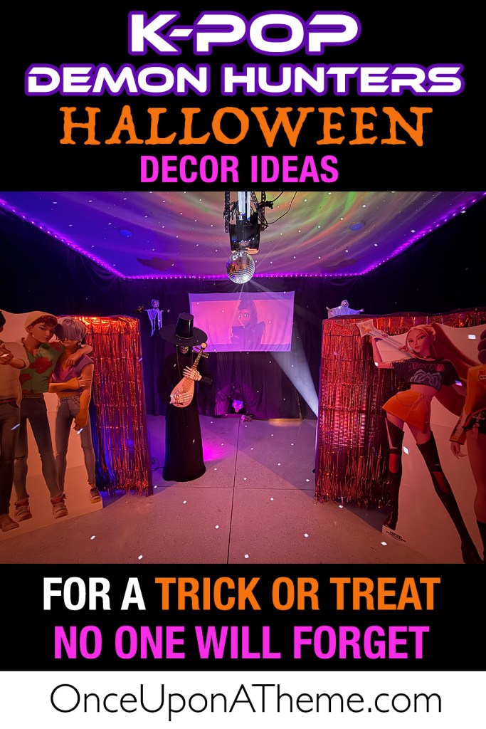Purple-lit Halloween garage with life-sized K-Pop standees, a cloaked skeleton with a lute, and glowing disco ball lights—part of a Demon Hunters themed trick-or-treat display.