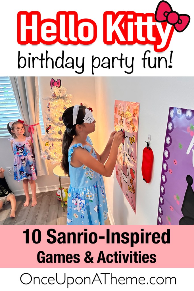 Kids play a Sanrio-themed birthday party game where one child is blindfolded, trying to pin a bow on Hello Kitty. Sanrio decorations complete the scene.