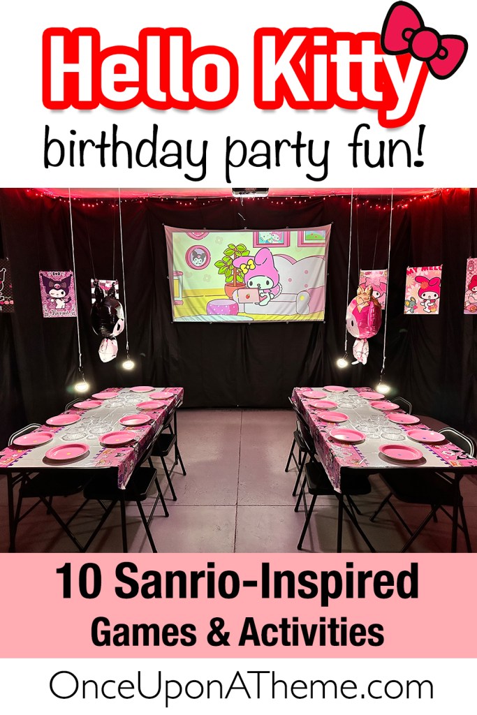 Fully decorated Hello Kitty and My Melody birthday party setup with pink table settings, themed banners, and a projection wall inside a black-curtained garage party space.