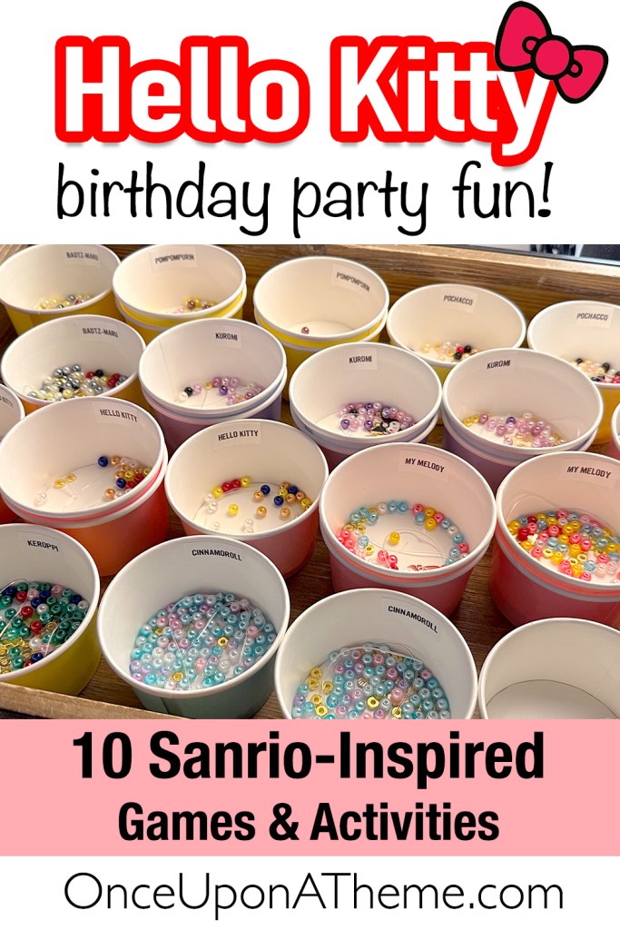 Colorful bracelet-making station with cups of beads labeled by Sanrio characters like Hello Kitty, Kuromi, Cinnamoroll, and My Melody for a themed birthday craft.