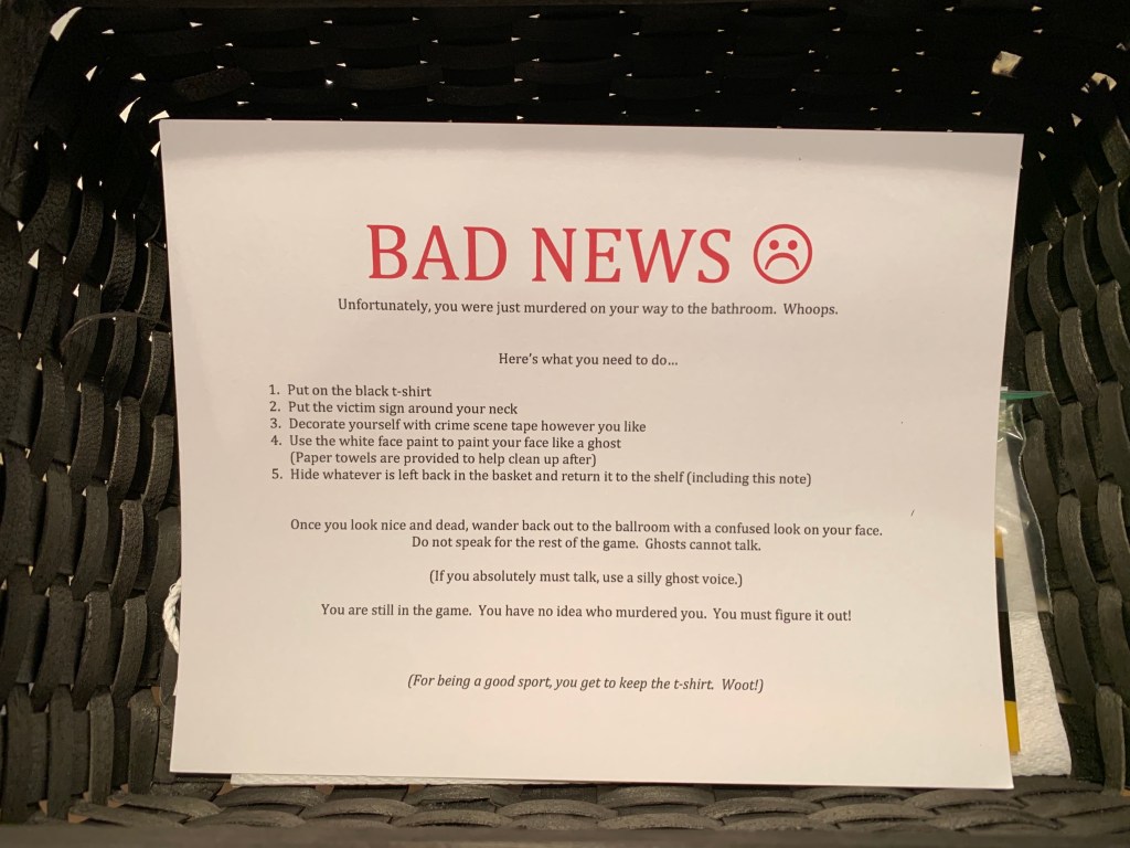 Printed instructions labeled “Bad News” explaining how guests should transform into silent ghost victims during the murder mystery party.
